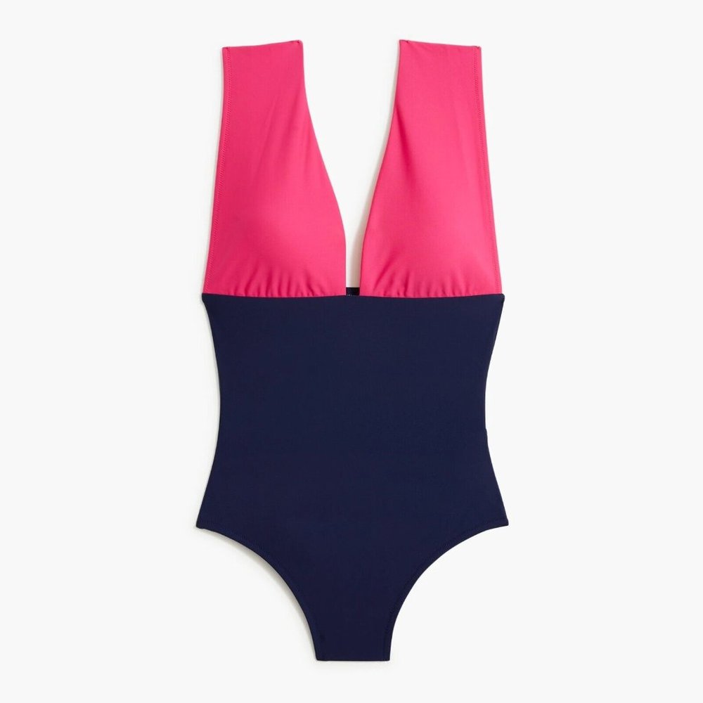 NWT! J.Crew Colorblock v-Neck Low Sexy One Piece Swimsuit Pink & Navy Blue XL